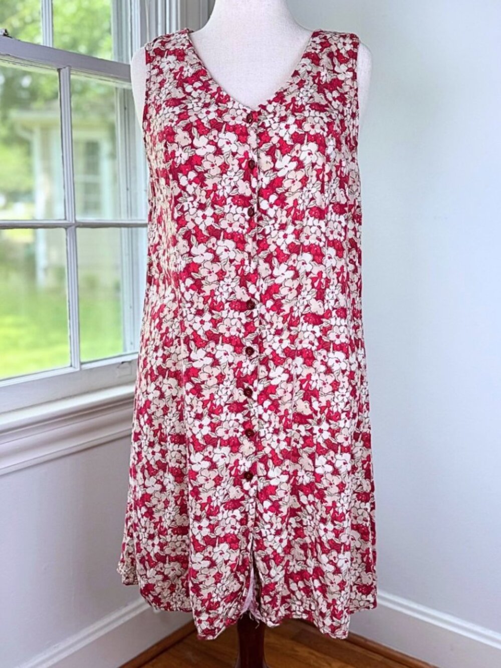 Faded Glory Red Floral Button Front Sleeveless Midi Shift Dress Large Cottage
